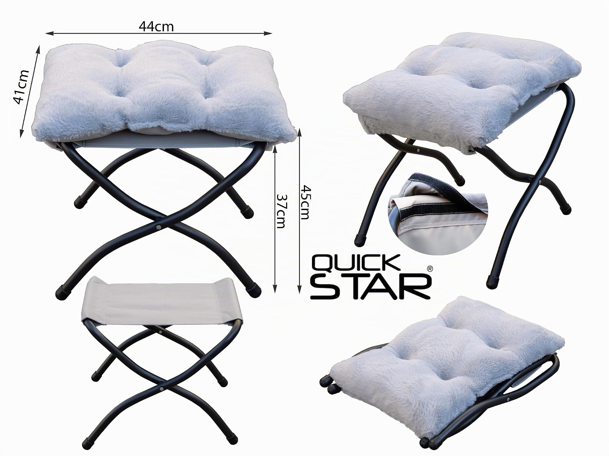 QUICK STAR Fußhocker Klappbar Fußablage Fußstütze Faltbar Sitzhocker mit Metallbeinen Fusshocker mit Abnehmbar Gepolsterte Sitzfläche Plüsch Fell