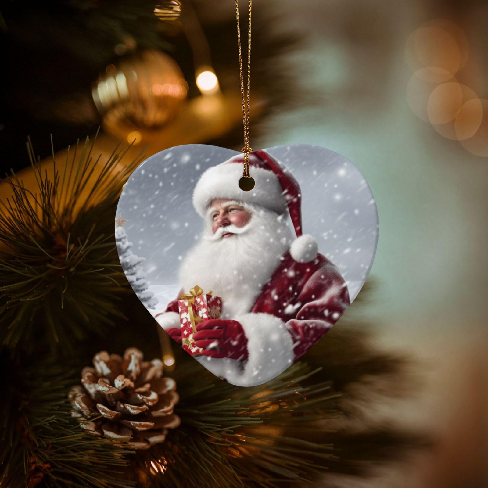 Christmas Ornaments for Christmas Tree Decoration Hanging Santa Claus Snow Secenry Ornament with Gold Ribbon Crafts Heart Shape Ceramic Pendant for Keepsake Gifts Xmas Decor Party Supplies