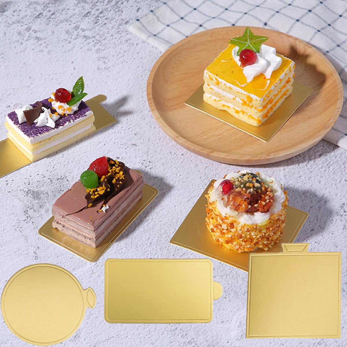Lot de 100 plateaux à gâteaux en carton de différentes formes pour pâtisseries et desserts, plateau en carton doré, tapis en mousse, base de gâteau, outils décoratifs, argentés, ronds, S