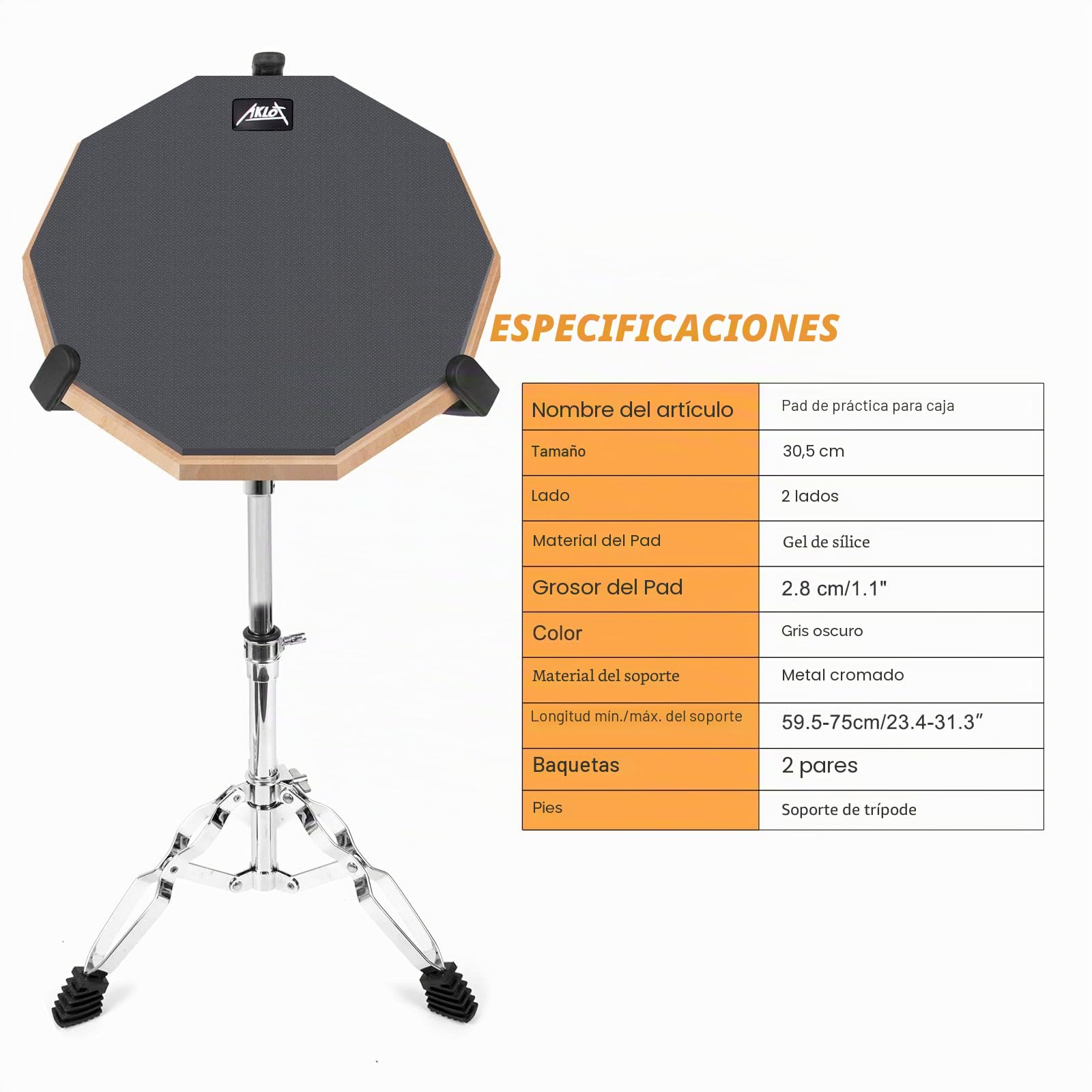 Pad practica bateria AKLOT pad allenamento batteria silicona 12"para adultos con soporte de caja doble cara baquetas bolsa