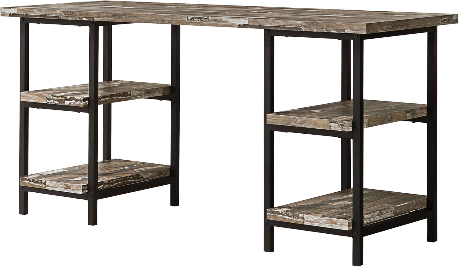 Coaster Home Furnishings – Kemper – Metal & Engineered Wood – 59-Inch Farmhouse Writing Desk with 4 Open Shelves and Black Metal Frame – Home Office & Living Room – Weathered Brown - 801551