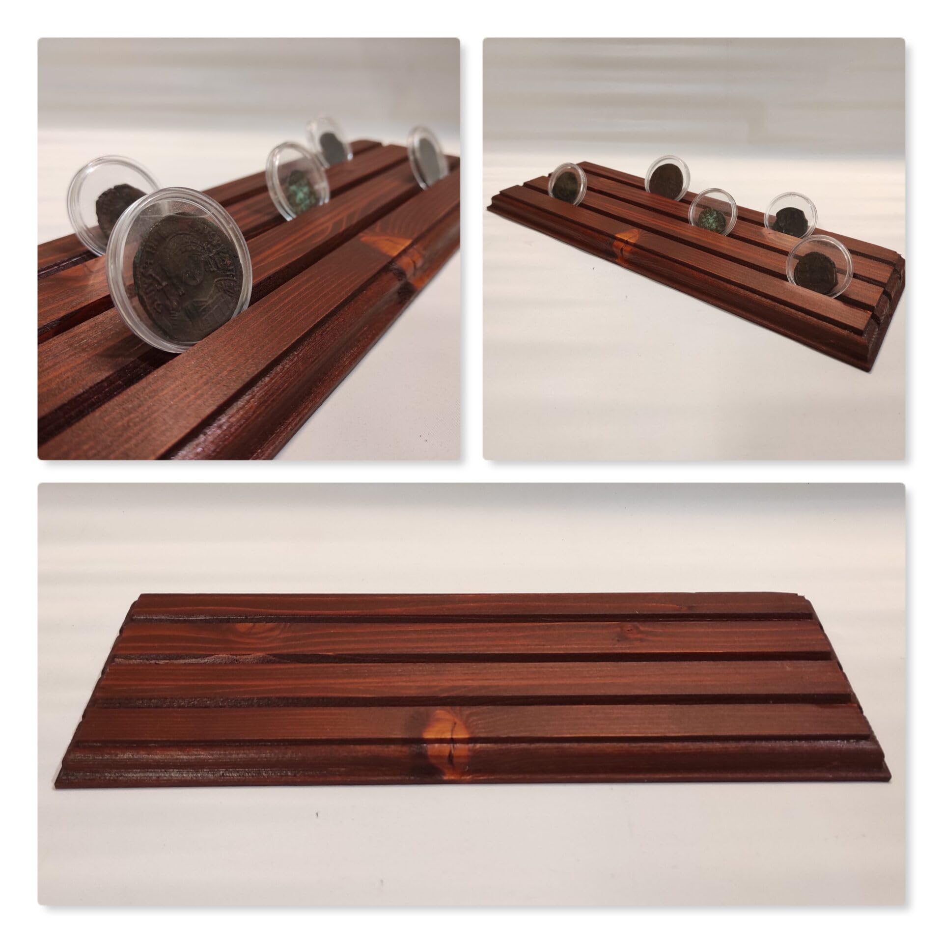 Expositor de Madera Maciza Artesanal para Monedas y Medallas, 3 Filas, Compatible con Cápsulas hasta 41 mm, Soporte de Mesa para Coleccionistas