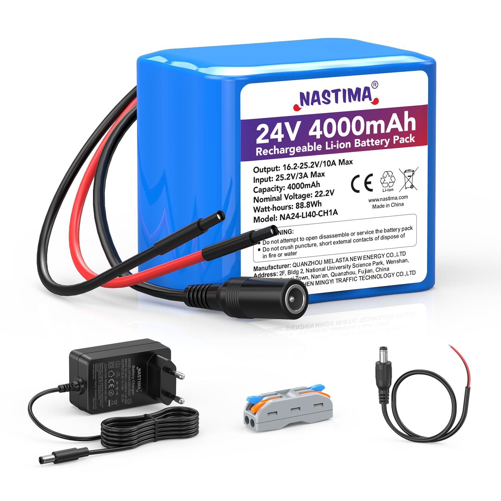 NASTIMA 4000mAh 88,8Wh 24V Wiederaufladbarer Lithium-Ionen-Akku, Geeignet für Bluetooth-Lautsprecher, RC-Cars, Solarstromanlagen, Heimwerkerprojekte usw. Inklusive Ladegerät und Steckverbinder