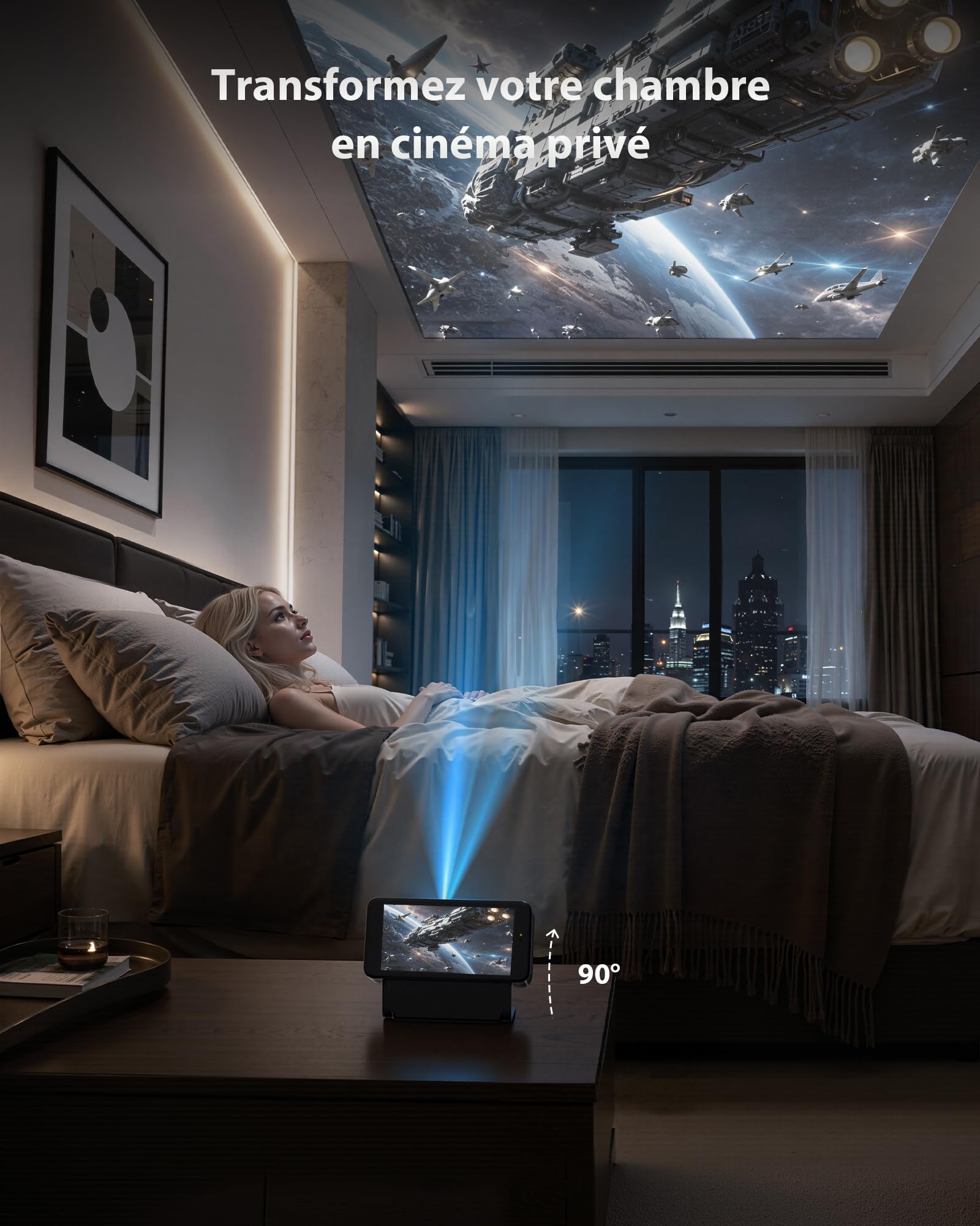Videoprojecteur 4K avec 64 Go de Stockage, Batterie intégrée, Android 12, Smart Projecteur Video Portable Auto Focus/Keystone, Téléchargement d’Applications, Pivotant à 90° - Noir