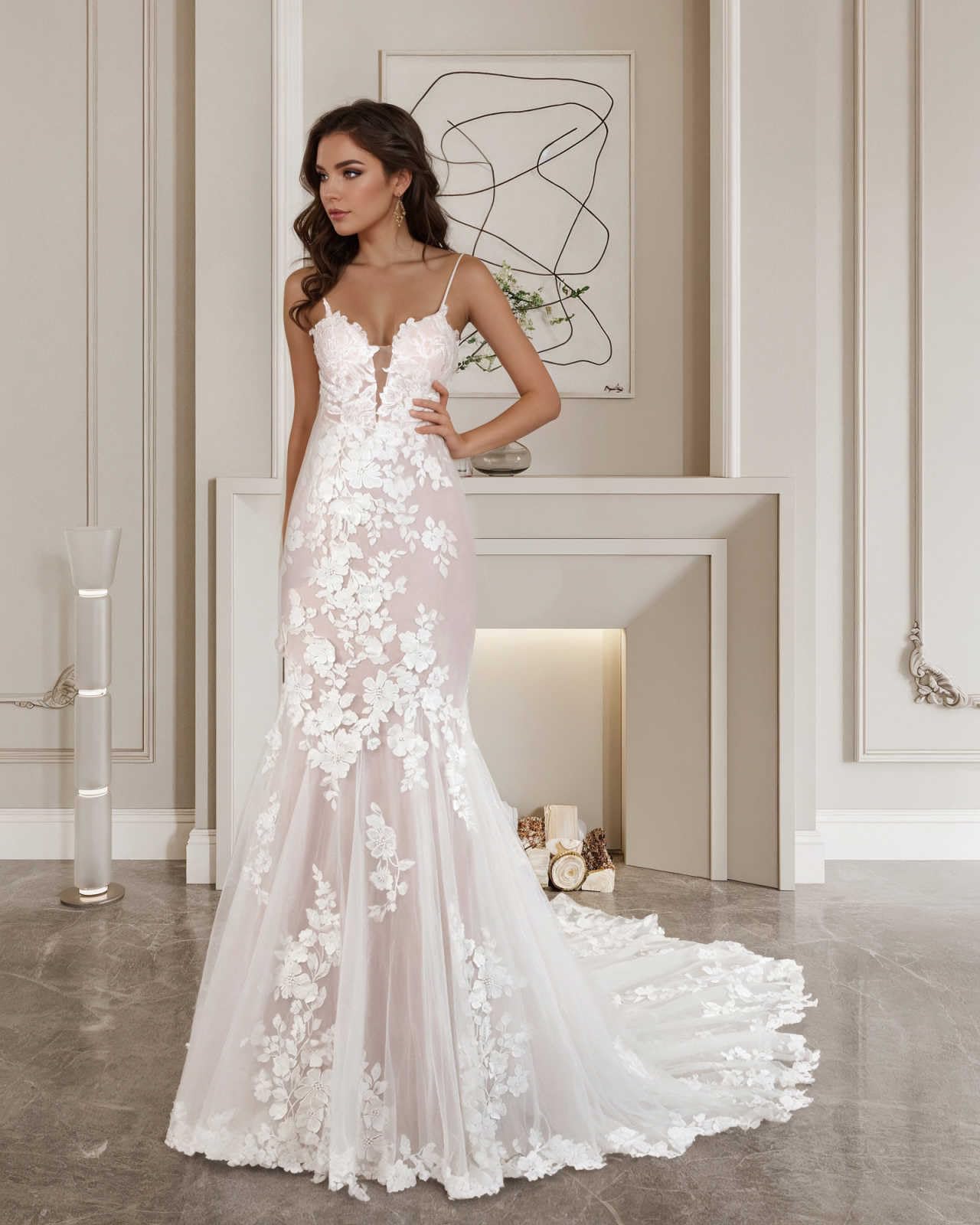 HUINI Spaghettiträger Tüll Spitze Brautkleider für Braut Lange Applikationen Meerjungfrau Brautkleid