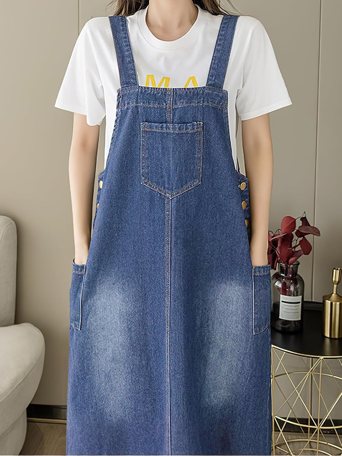 ebossy Women's Patchwork Denim Bib Overall Casual Button Jean Maxi Long Pinafore Dress With Pocket - Image 4