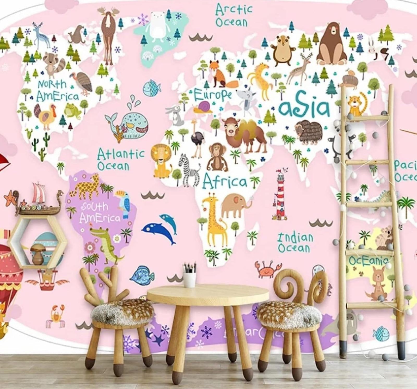 Cartoon Pink World Map Animals Aeroplane 3D Wallpaper Easy Install Feature Office Living Room Sofa Bedroom TV Background Wall Decoration-150cm×105cm
