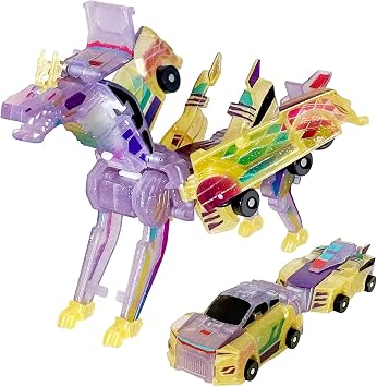 Crystal Transforming Dinosaur Car Toy 2-in-1 Transparent Magnetic Cars Convert to Dinosaur Robot, See-Through Crash-Activated Deformation Toy No Battery, for Kids 3-12 Crystal