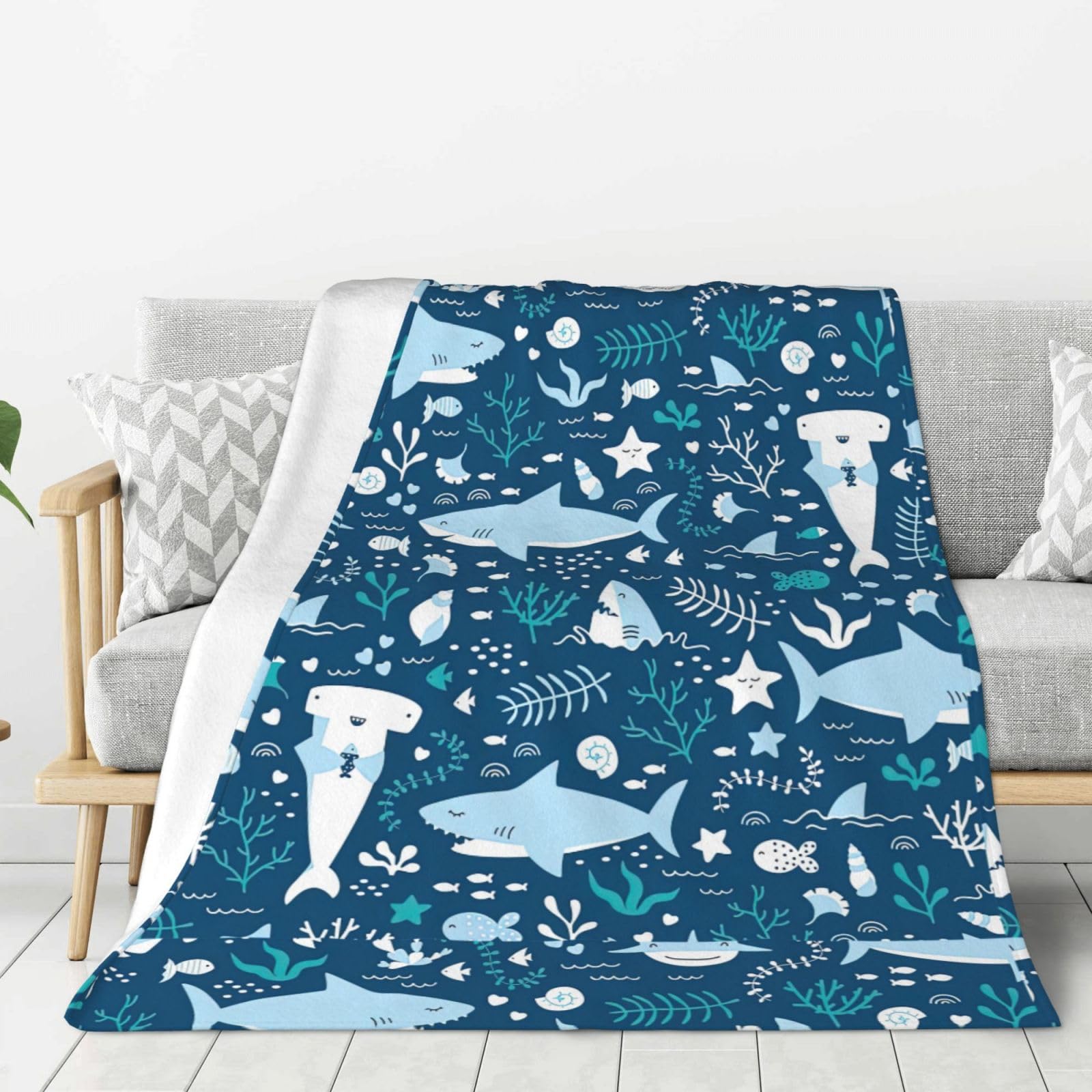 Couverture flanelle poisson bleu mignon pour canapé et lit - Plaid chaud de haute densité