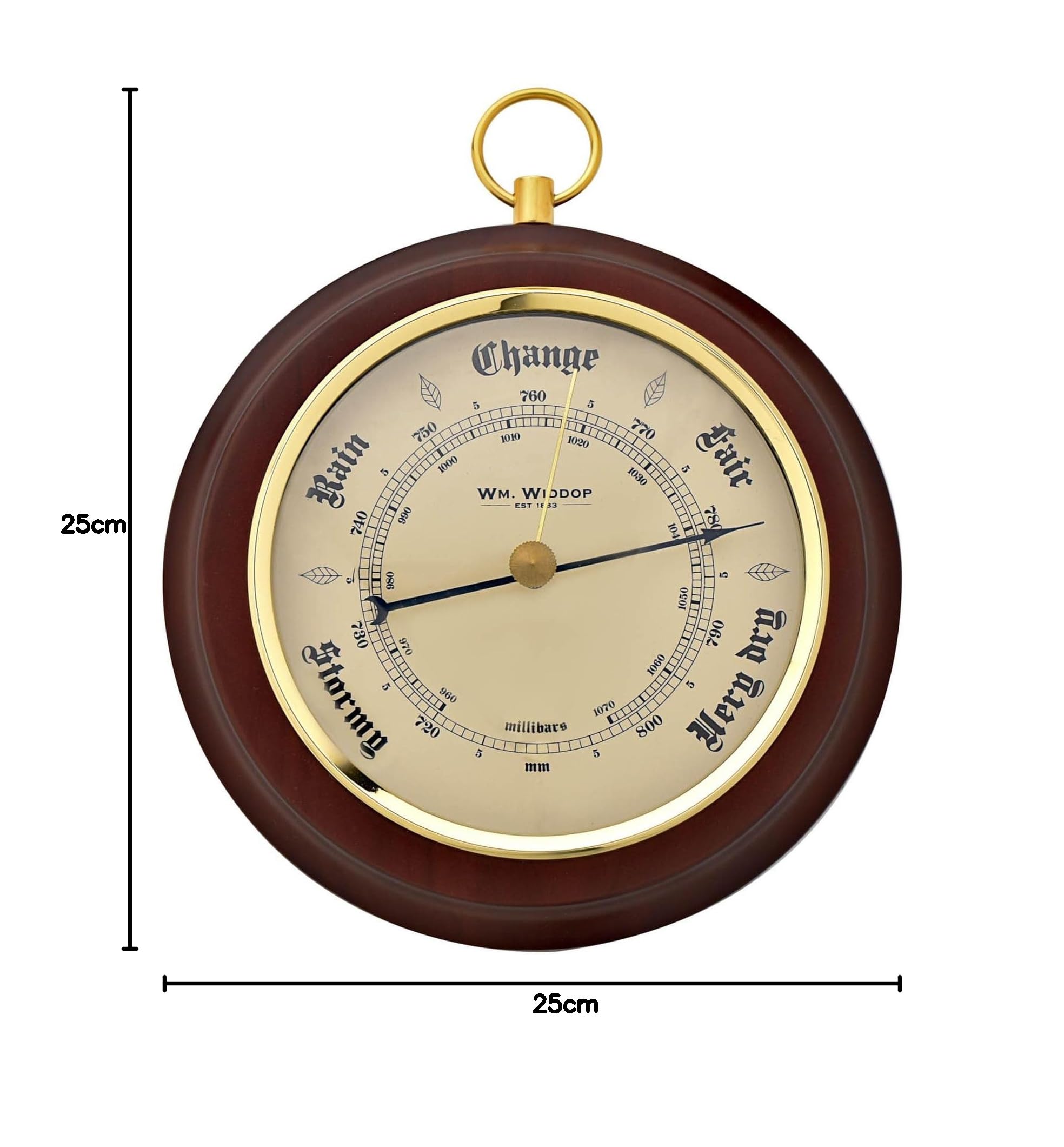 William Widdop Barometro in legno con lunetta in metallo dorato, quadrante meteo tradizionale, finitura in legno scuro