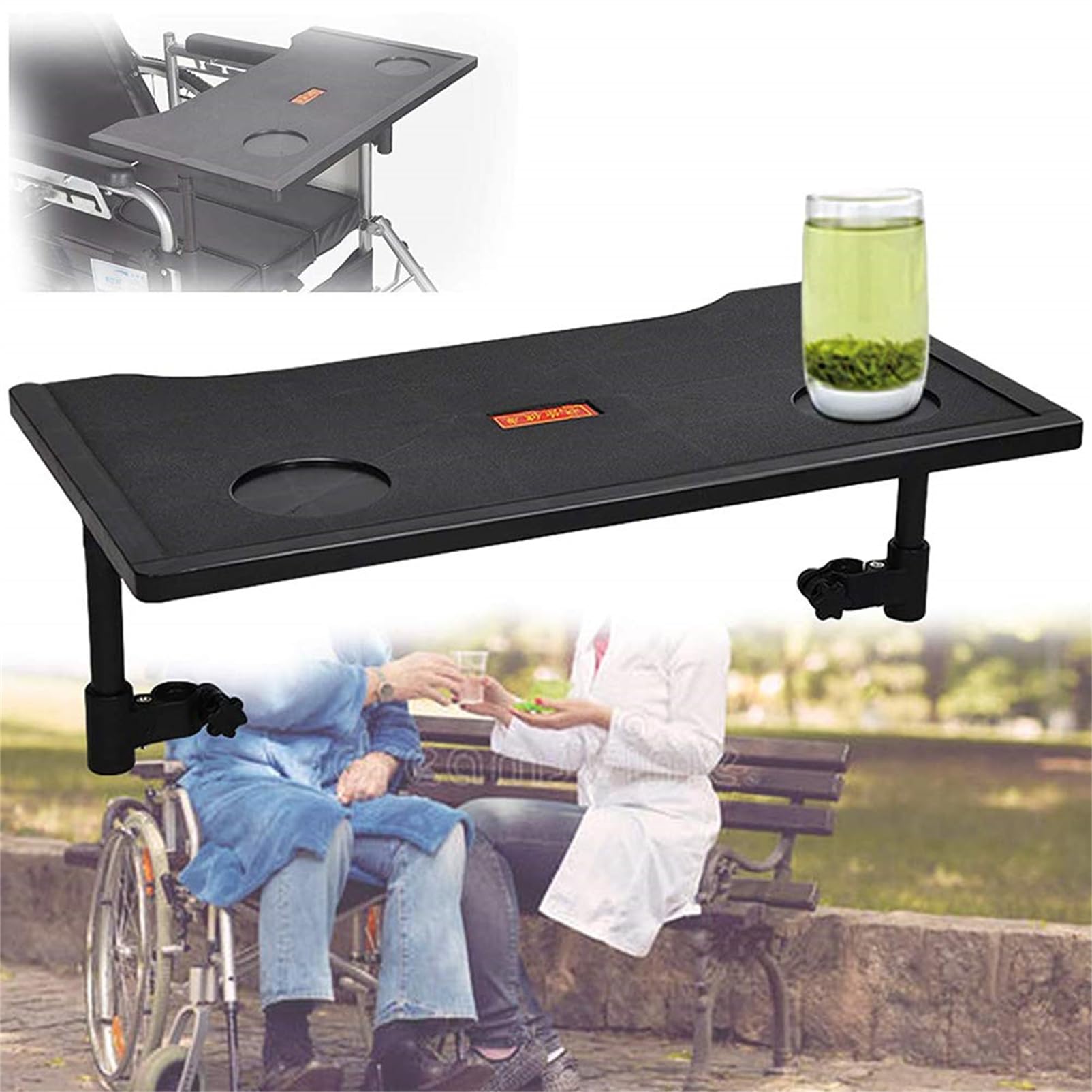 ArinkO Tavolino Universale per Sedia a rotelle Comoda Superficie per Mangiare e Scrivere con portabicchieri (Nero, 52 cm x 30 cm)