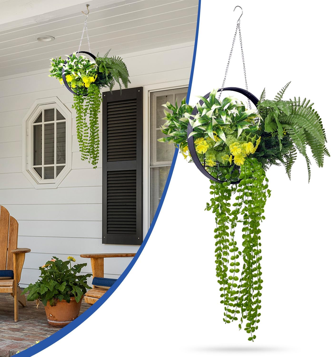 Fake Hanging Plants 1Pc Artificial Hanging Flower Basket with Black Frame, Greenery Floral for Home Living Room Wall Decor Wedding Indoor Outdoor Decoration
