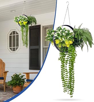 Bynbbur Fake Hanging Plants 8Pcs Artificial Hanging Flower Basket with Black Frame, Greenery Floral for Home Living Room Wall Decor Wedding Indoor Outdoor Decoration