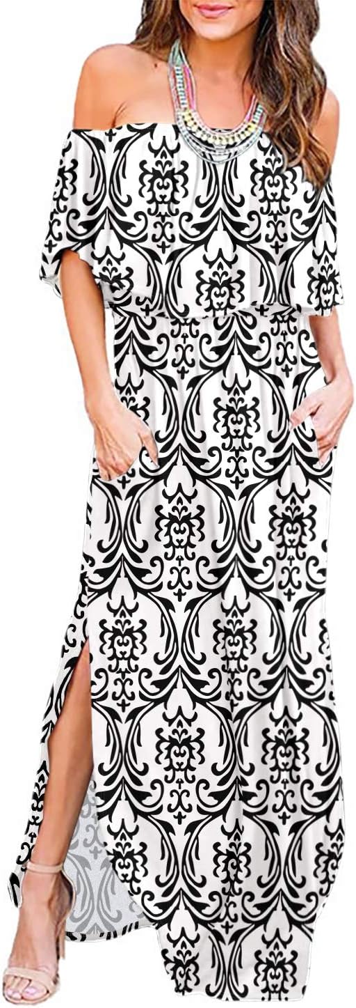 LILBETTER Womens Off The Shoulder Ruffle Party Dresses Side Split Beach Maxi Dress