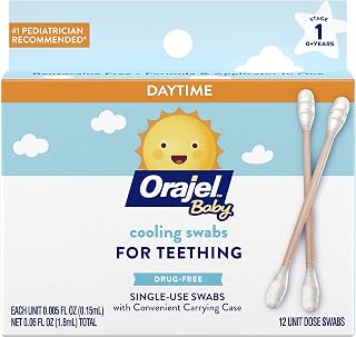 Orajel Baby Daytime Cooling Swabs for Teething, Drug-Free, 1 Pediatrician Recommended Brand for Teething*, 12 Swabs in Carrying Case(Packing May Vary)
