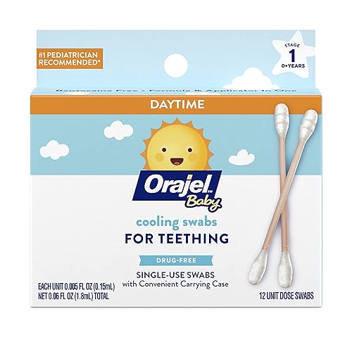 Orajel Baby Hisopos de enfriamiento diurno para dentición sin drogas marca recomendada por pediatra 1 para dentición 12 hisopos en estuche de