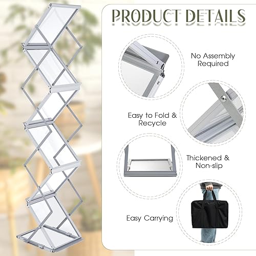 Miniatura 3 de Tatuo Estante plegable para revistas, catálogo de metal, portátil, 6 bolsillos con bolsa de transporte, soporte de aluminio para folletos, soporte