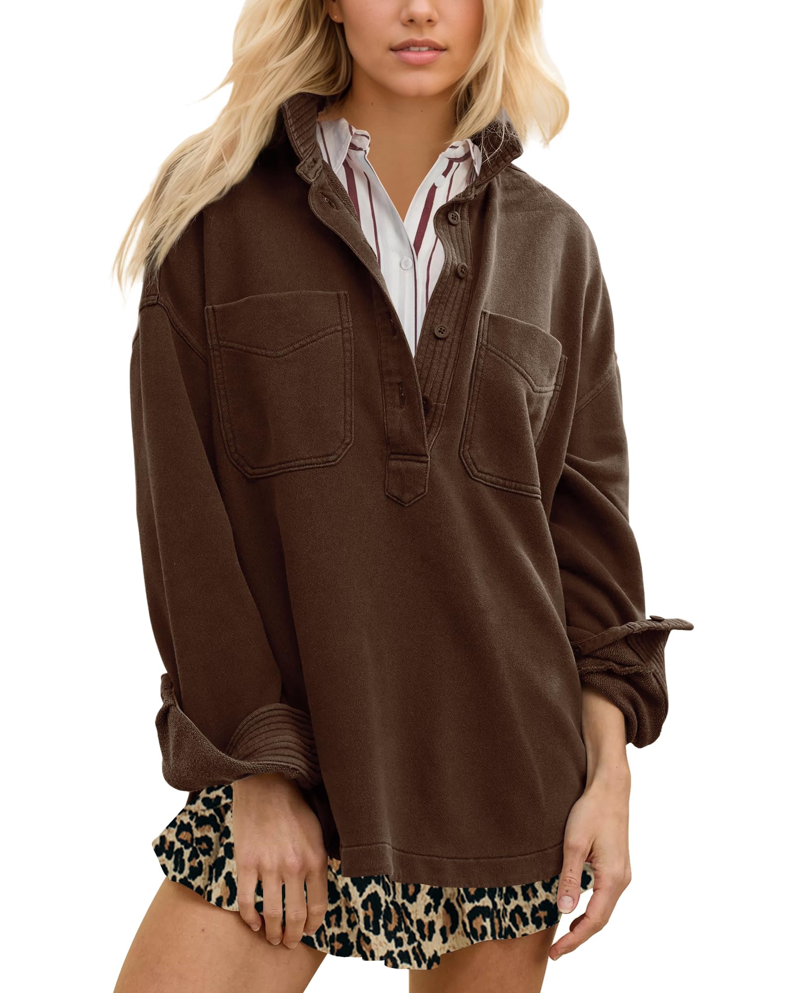 Women's Casual Oversized Polo Neck Sweatshirt Lapel Long Sleeve Button Pullover Tops Fashion Outfits Clothes-image-16