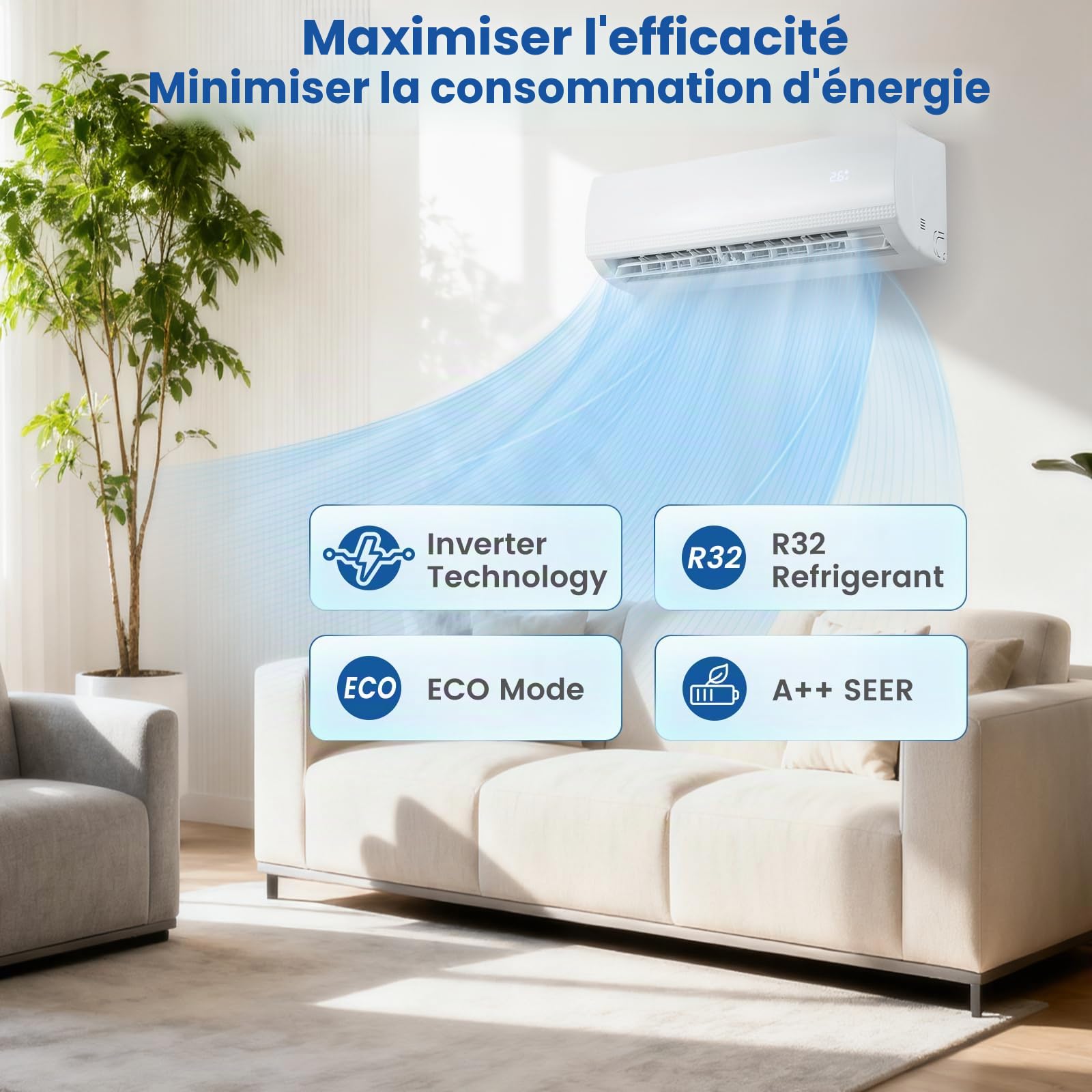 SOARS Climatiseur Reversible 9000 BTU R32 A++, Climatiseur Mural Split Eco avec Fonction Chauffage/Refroidissement/Déshumidification, 7 Modes, 8 Vitesse de Vent, Minuterie 24H, Accessoires Incluses