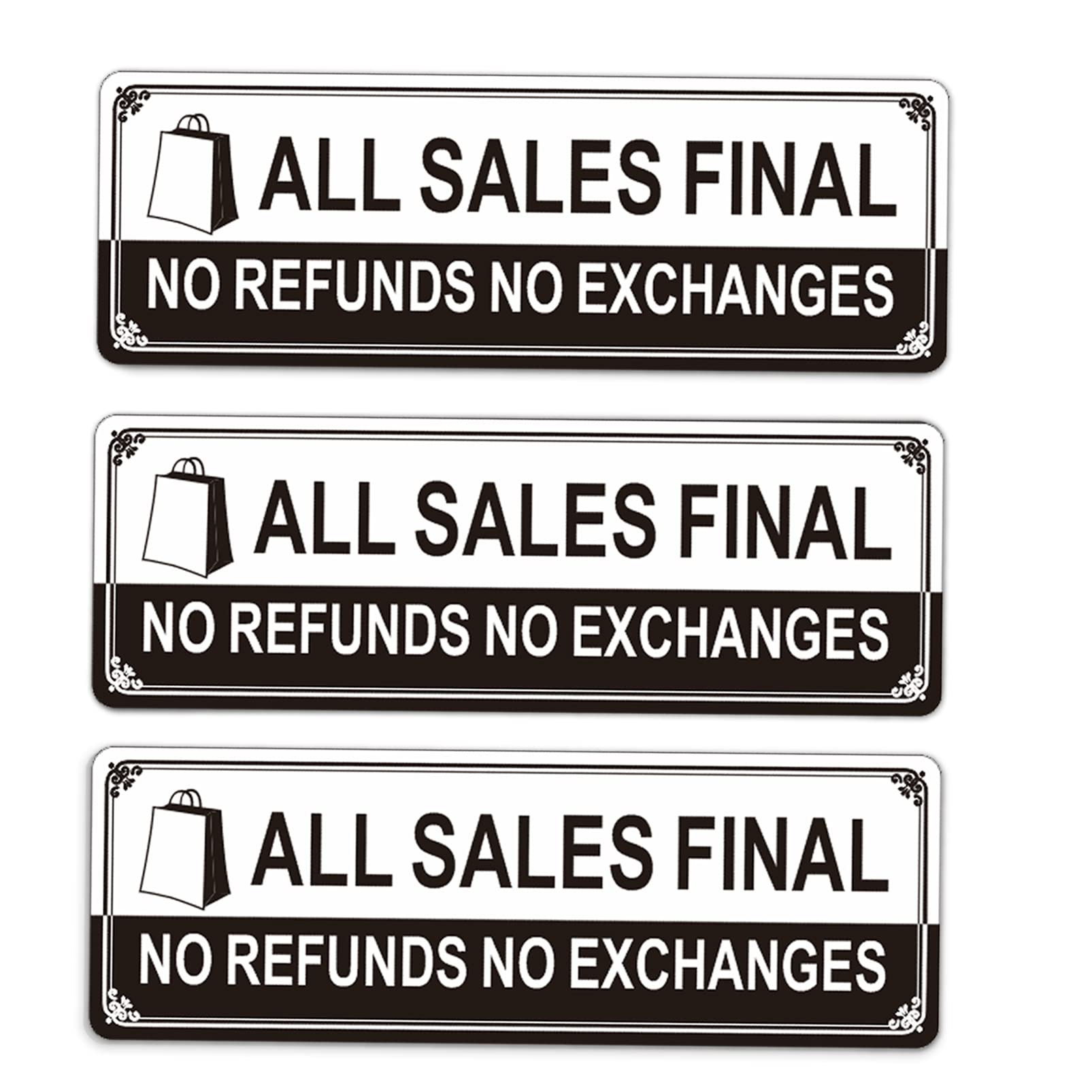 Phyabe 3 Pack All Sales Final No Refunds No Exchanges Sign 3” x 9” Thick Acrylic Self-Adhesive Modern Design Sign, Easy to Install