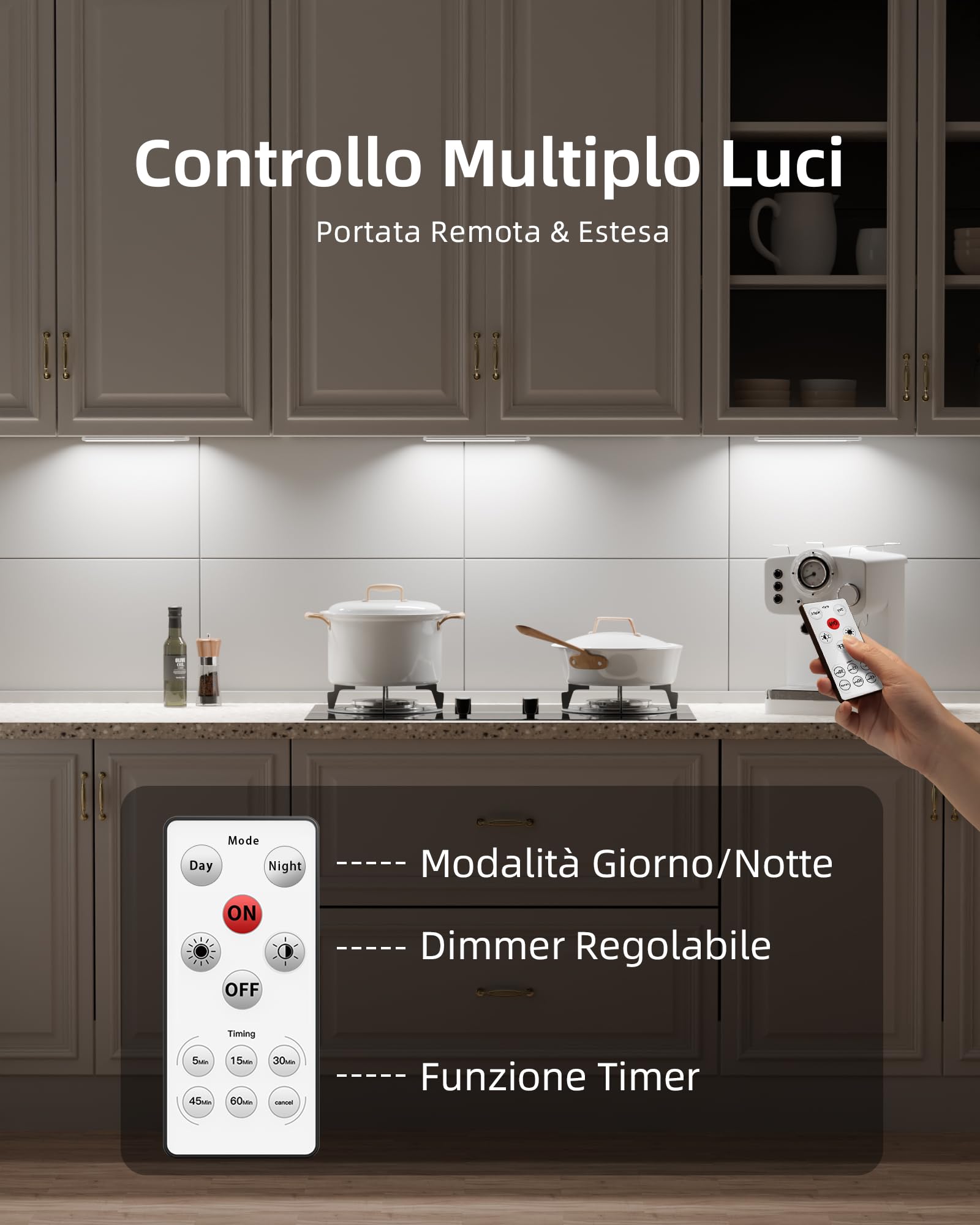 EZVALO lluminazione Per Armadietto 23cm (5 pezzi) Con Telecomando & Rilevatore Di Movimento, 1600mAh USB Cucina LED, 5700K lluminazione Per Armadio, Cucina, Scale