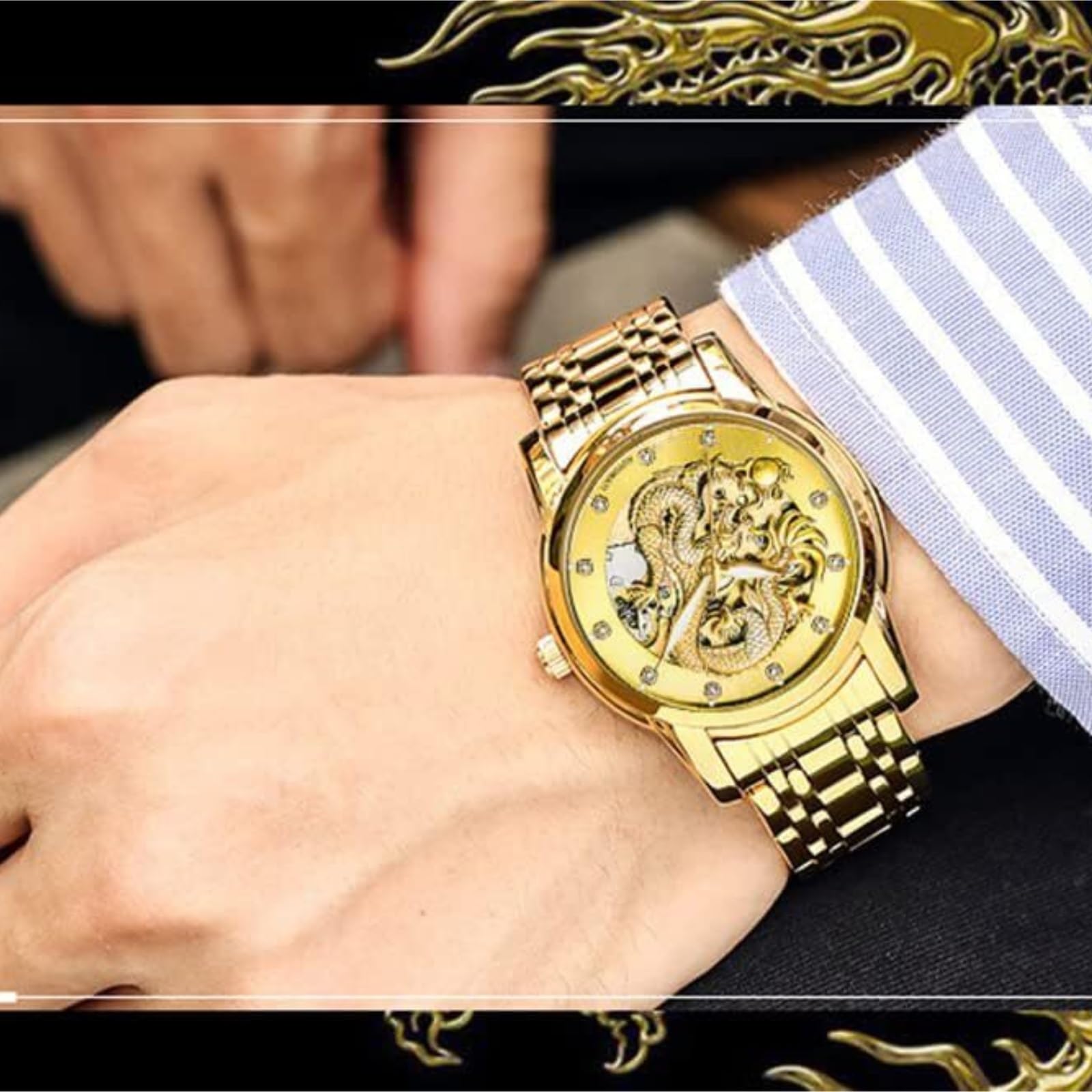 Reloj de Lujo Dragon Collection Limited for Hombre | Reloj de pulsera resistente al agua automático automático dorado con esfera tallada