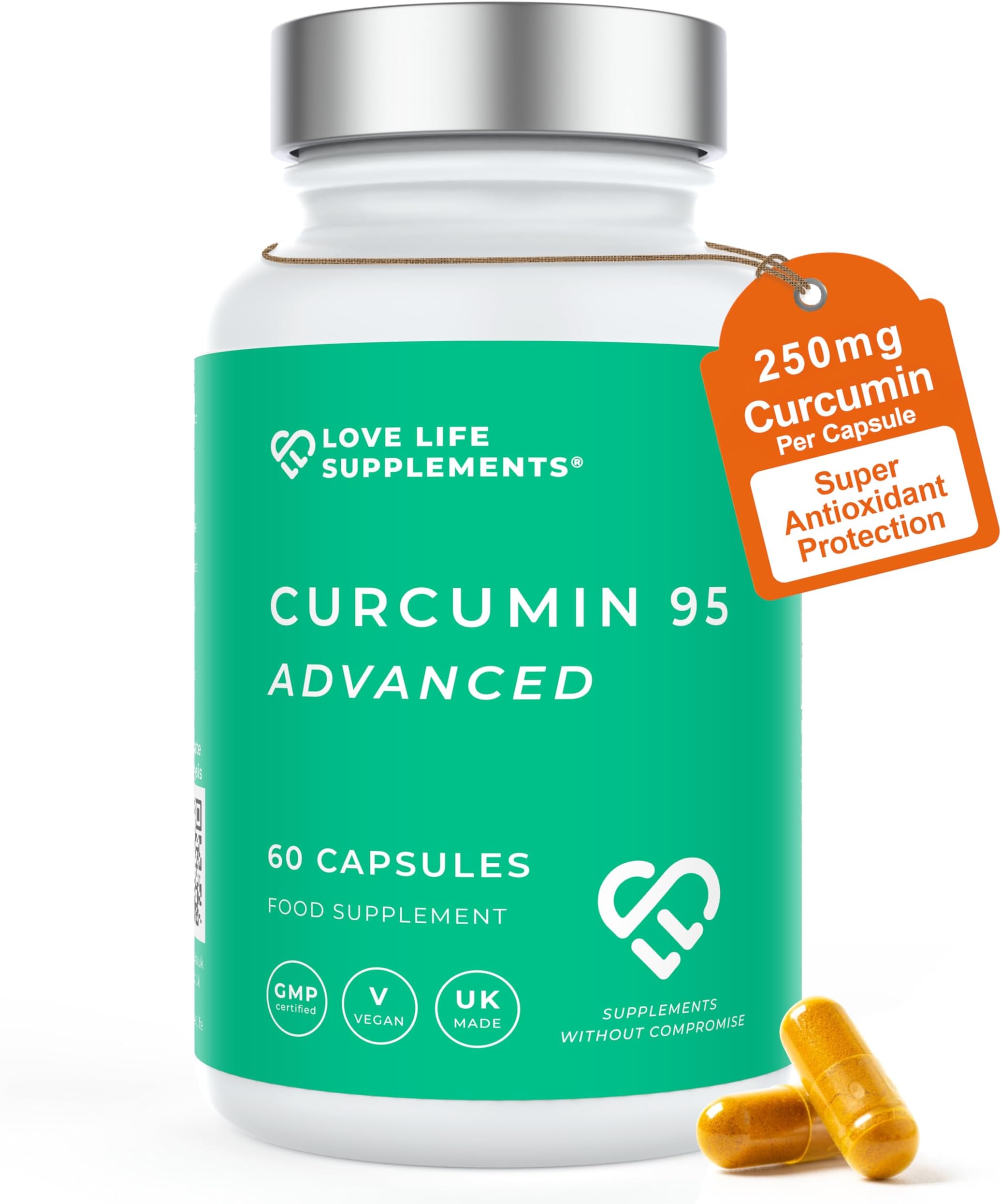 Curcumin 95 Advanced, 60 Capsules, High Strength Curcumin (The Active Component of Turmeric) with 95% Curcuminoids + BioPerine® (Black Pepper Extract), Vitamin D, Tomato and Ginger Root, GMP Approved