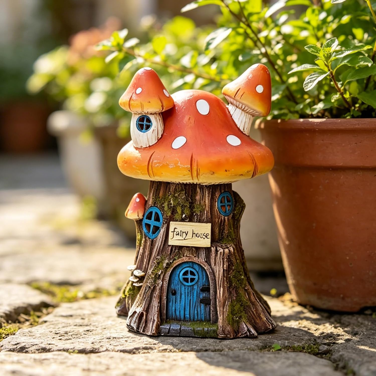 COWOS Mushroom House Sculptures, Collection of Resin Garden Sculptures, Resin Fairy House Statue, Solar Fairy Garden Figurine with Warm White Light Mushroom for Outdoor, Lawn, Yard Decoration