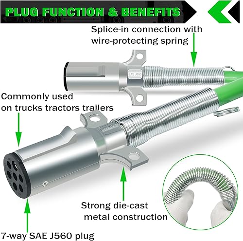 Miniatura 10 de CheeMuii Cable de remolque en espiral de 7 vías, 12 pies, bobina de alimentación eléctrica ABS verde, cable de alimentación resistente para