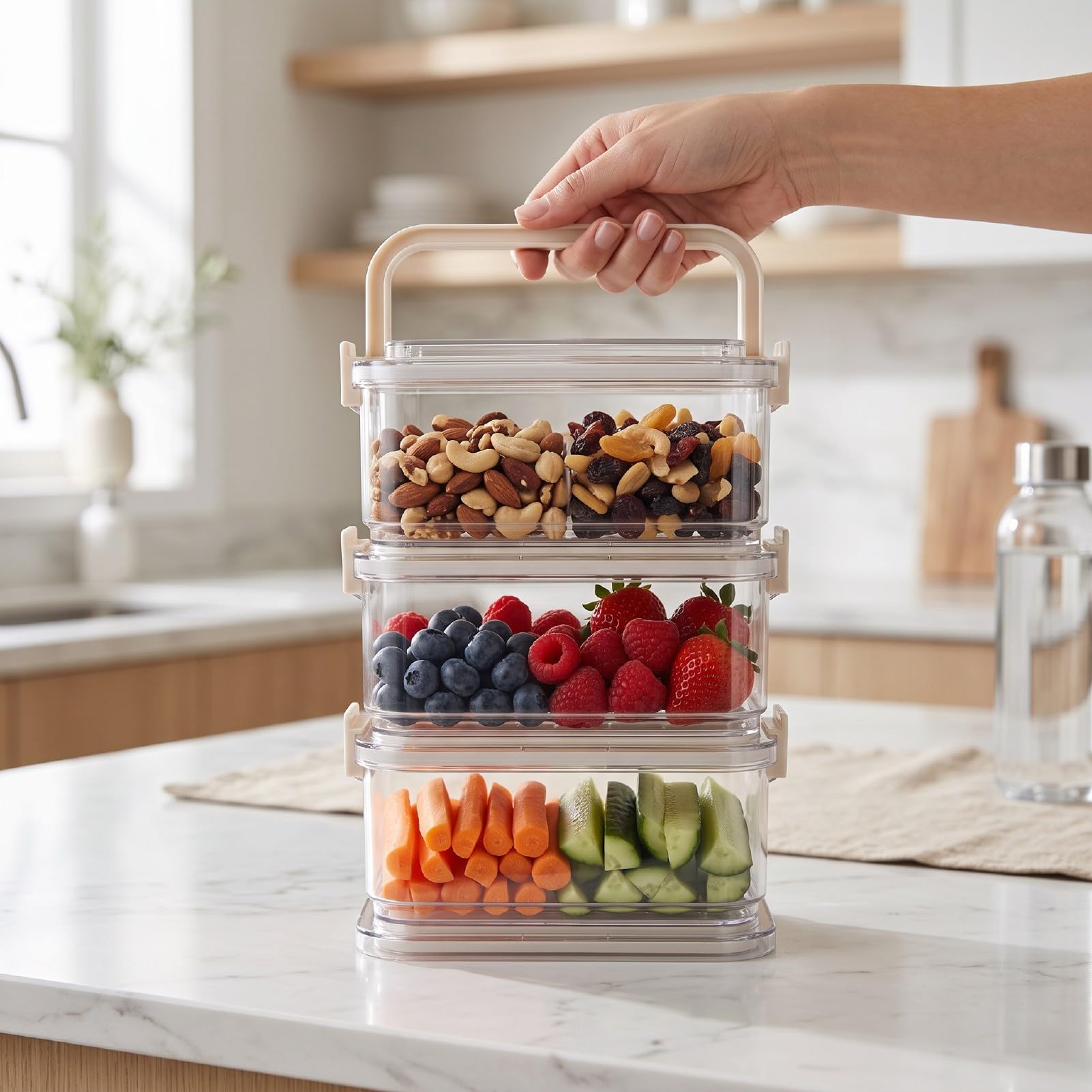 Contenedor de Alimentos de 3 Niveles, Recipiente Hermético
