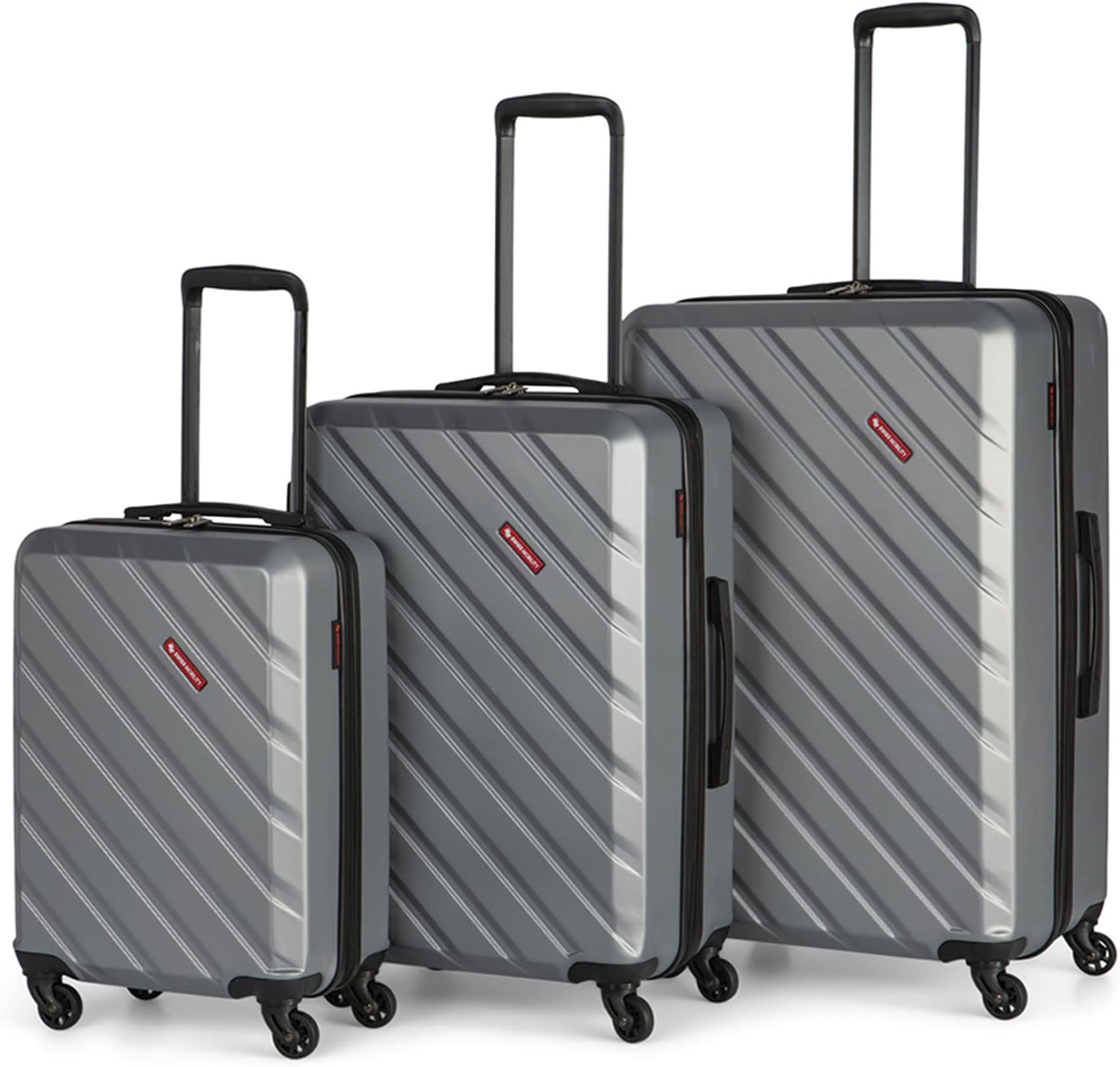 SWISS MOBILITYAHB Collection 3 Piece Hard Shell Luggage Set, Expandable Suitcases with 360-Degree Spinner Wheels, Retractable Handle, 20 Inch Carry On, 24 Inch Mid-size, 28 Inch Large Bags, Silver