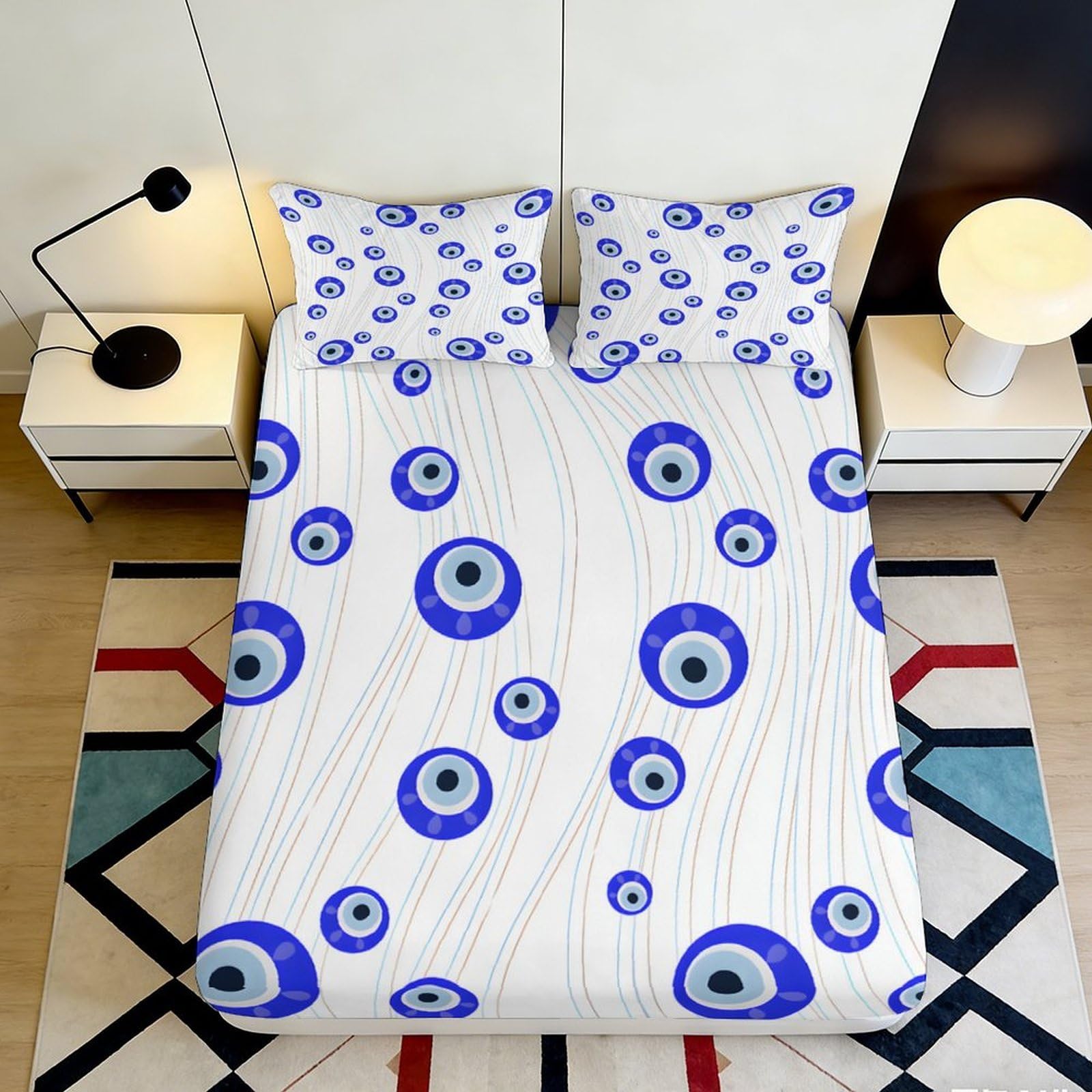 3D Printed Evil Eye Fitted Sheet Microfiber Soft Blue Eye Bed Sheet for Bedroom Dorm Mattress Protection Decor 90x200x25cm