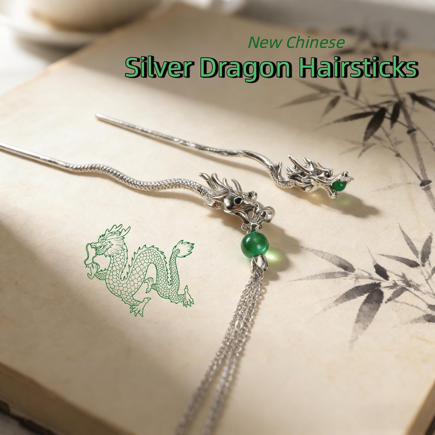 2 Pcs Silver Dragon Hair Sticks, Vintage Chinese Style Metal Hairpins with Tassel & Green Gem, Exquisite Cheongsam Hair Accessories for Women Girls, Perfect for Wedding, Cosplay, Banquet & Daily Wear image 2