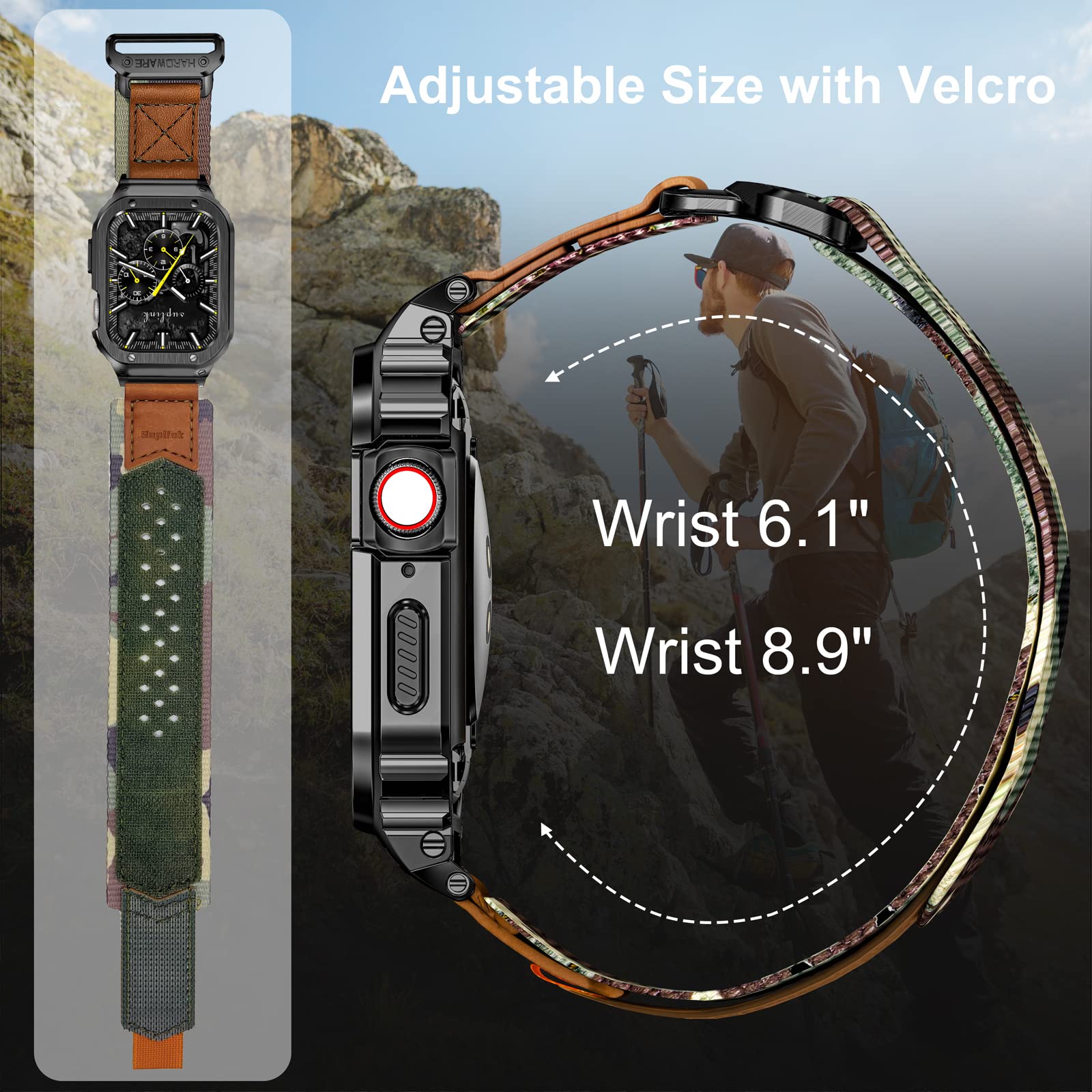 SUPLINK Coque en acier inoxydable avec bracelet en nylon compatible avec Apple Watch 38/40/41/42/44/45/49 mm, bracelet de protection antichoc en métal pour iWatch Ultra 2/1 Series 9/8/7/6/5/4/3/2/1/SE
