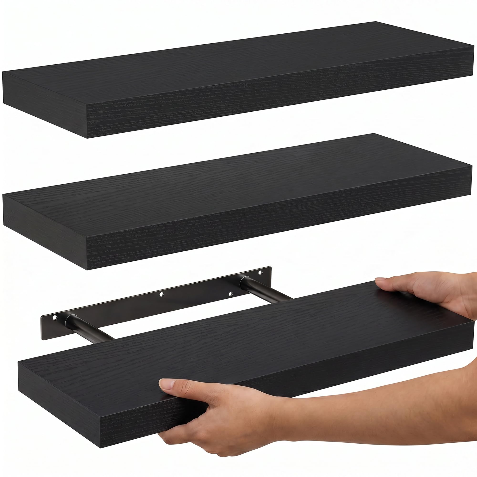 AVAIS Premium Wall Mounted Floating Shelves Pack of 3 (41 cm) – MDF Gloss Finish with Invisible Brackets, Modern Black Display Shelves for Living Room, Bedroom, Kitchen & Bathroom