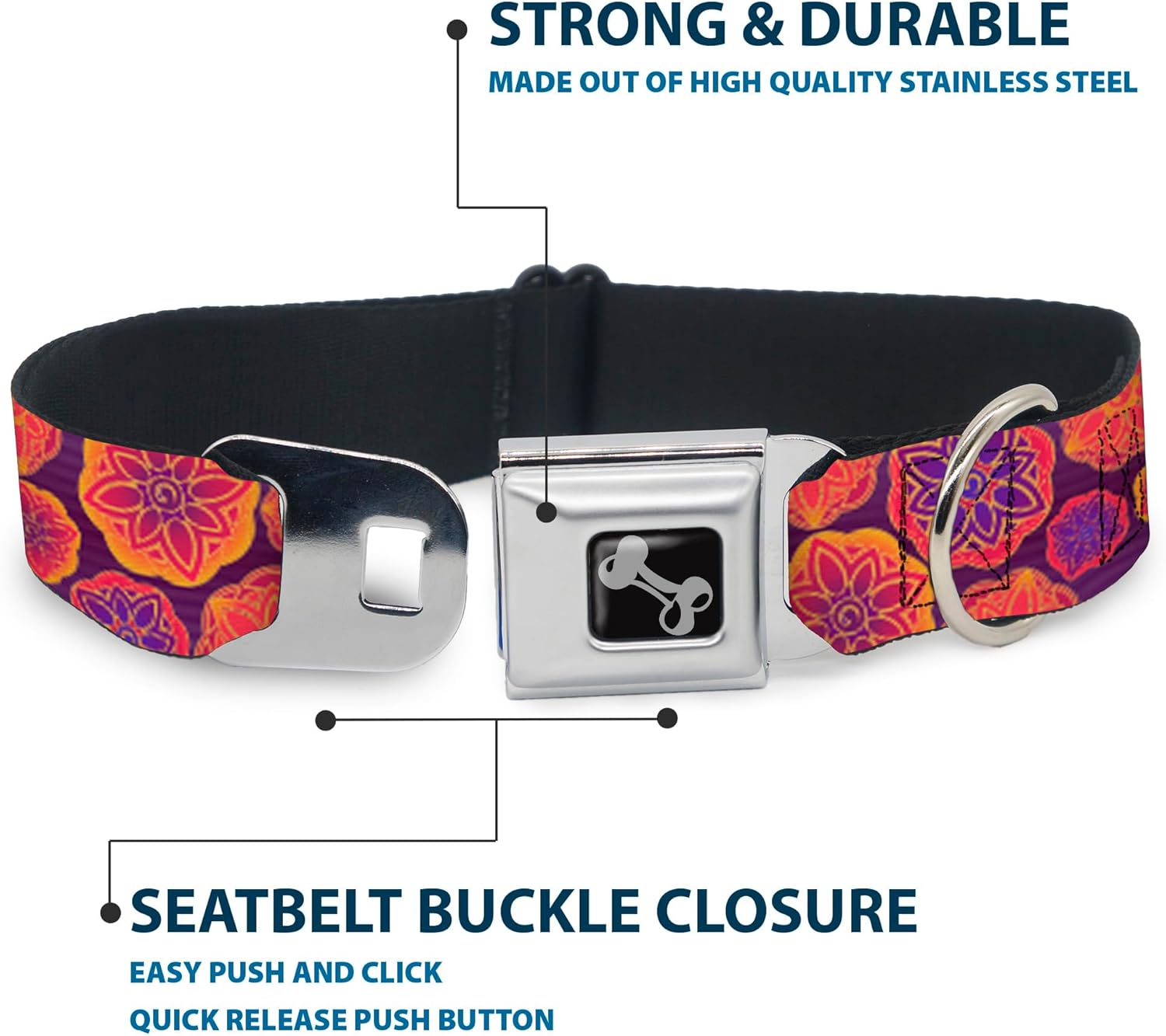 Dog Collar Seatbelt Buckle Boho Mandala Purples Oranges Pinks 13 to 18 Inches 1.5 Inch Wide
