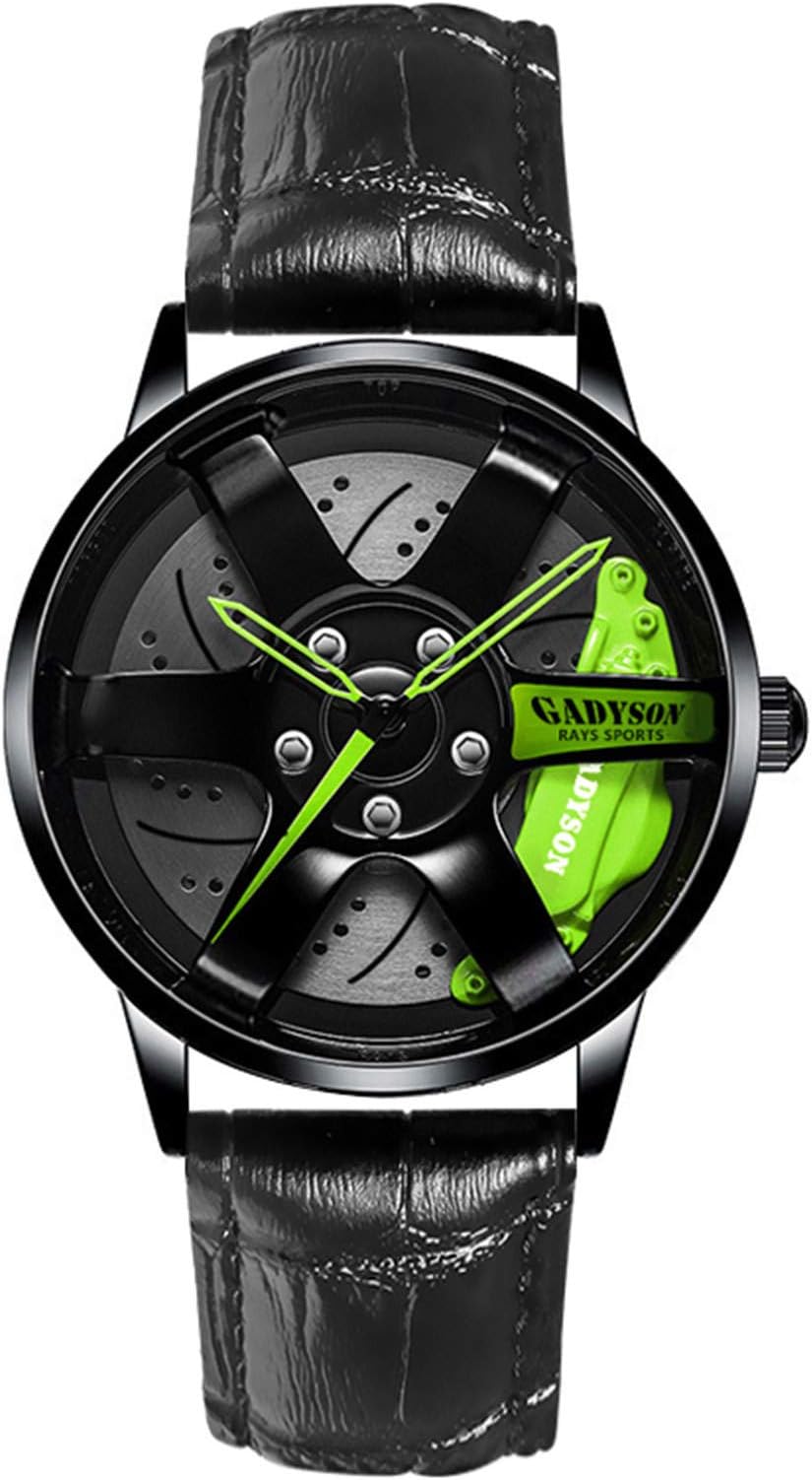 Men's Hollow Stereoscopic Wheel Watch, Car Wheel Design Wristwatch Fashion Sport Watch Quartz Mesh Rim Hub Watches (Green-Leather)