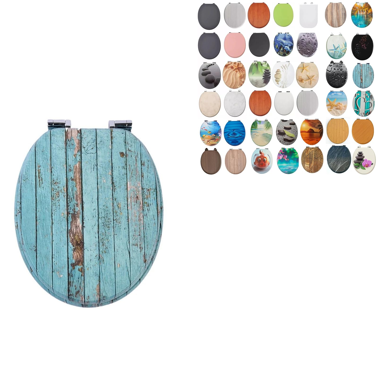 18" MDF Toilet Seat Universal Adjustable Fit Most Toilets Oval Seat┃Bathroom Standard Wooden MDF Toilet Seat | WC SEAT +Fittings (Turquoise Wooden Plank) — image 1
