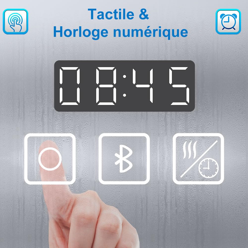 AICA Miroir Salle de Bain 120 x 70cm, Bluetooth + 3 Couleurs + dimmable + Horloge + Anti-buée + mémoire, Miroir Lumineux LED