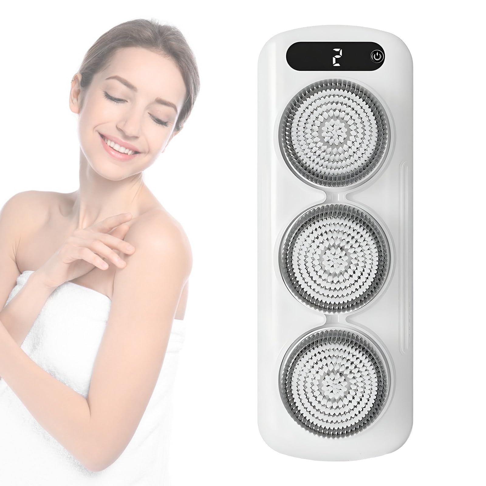Cepillo Eléctrico Corporal con 3 Cabezales Motorizados, Cepillo para la Espalda de Ducha de Pared, Cerdas Suaves Exfoliantes, Diseño Manos Libres, 2 Velocidades, Altura Ajustable
