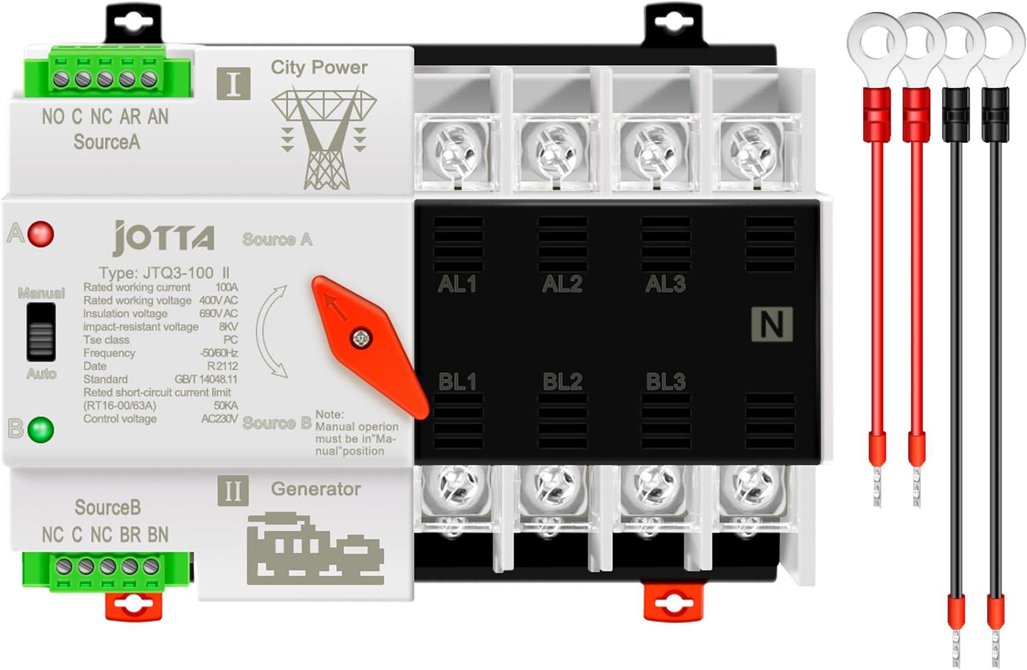 Jotta W2R-2P/3P/4P 100A 220V Mini ATS Automatic Transfer Switch 100 amp Electrical Selector Switches Dual Power Switch (4P 100A 220V)