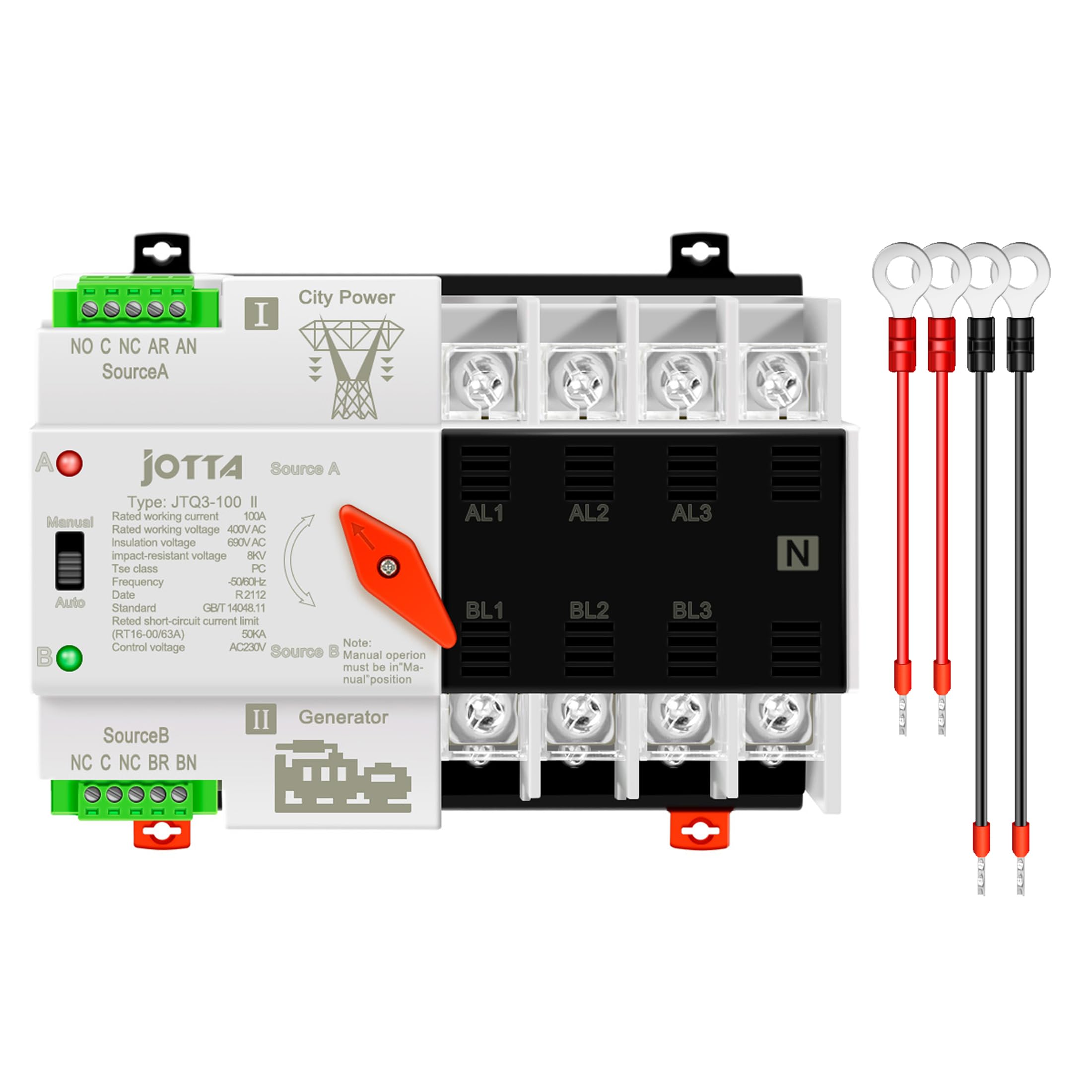 Jotta W2R-2P/3P/4P 100A 220V Mini ATS Automatic Transfer Switch 100 amp Electrical Selector Switches Dual Power Switch (4P 100A 220V)