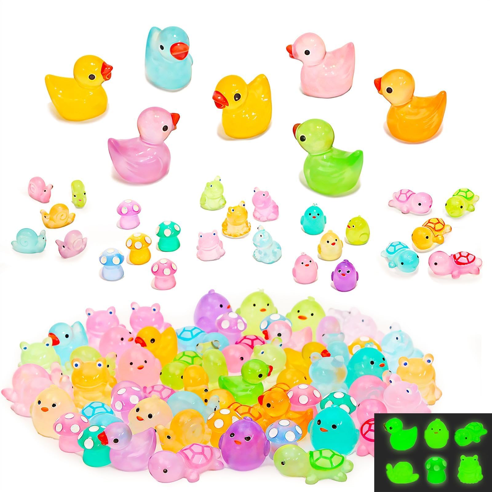 FEXIA 100 Pcs Mini Resin Ducks 6 Types Bulk to Hide Luminous Mini Resin Animals Glow in The Dark for DIY Garden Combination Sets for Micro Landscape Aquarium Party Decor