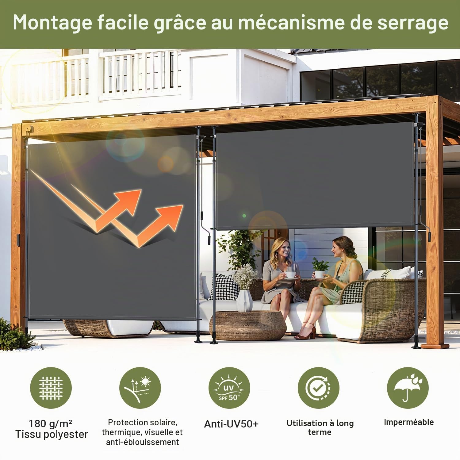 Store Vertical extérieur Extensible 200 x 305 cm | Store Vertical avec manivelle sans perçage | Brise-Vue de Balcon et Protection Contre Le Vent pour Jardin et terrasse - Anthracite