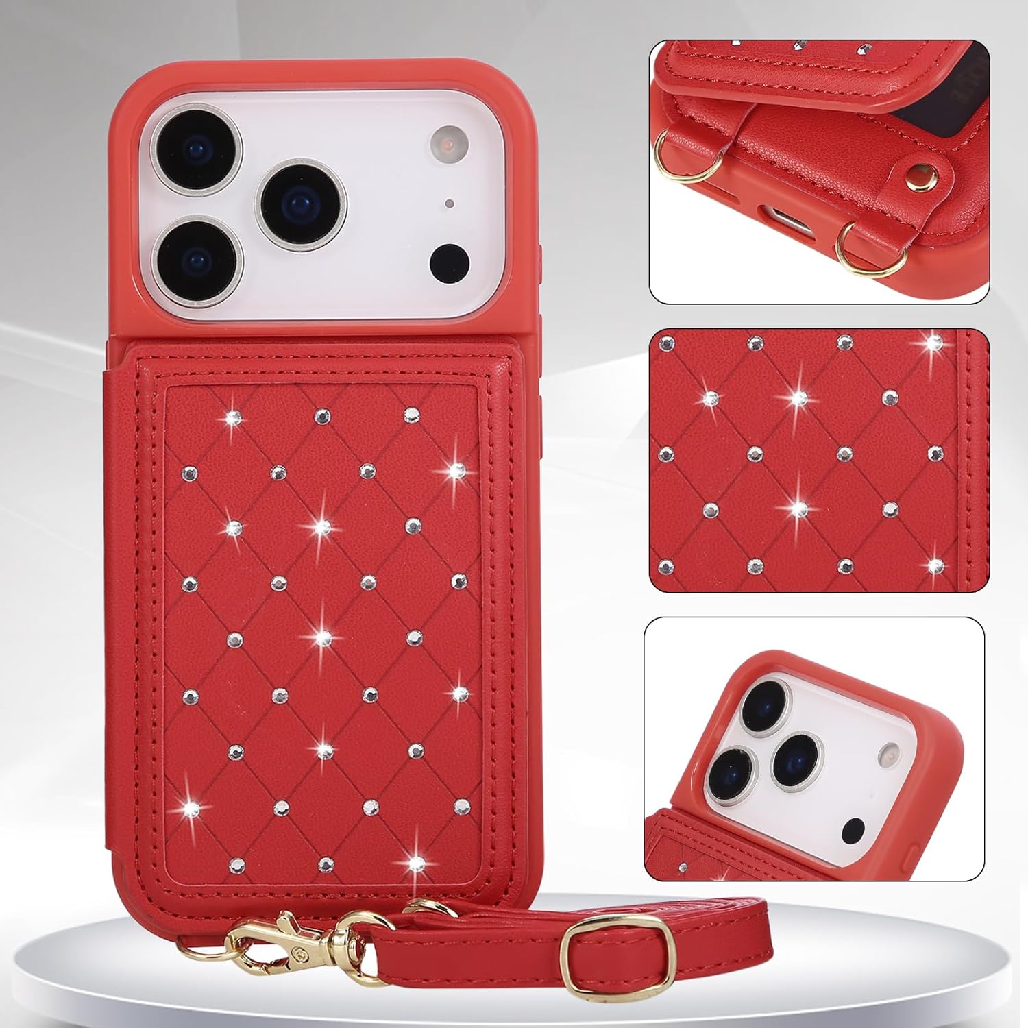 for iPhone 17 Pro Wallet Case with Card Holder Slots and Strap, RFID Blocking Magnetic Flip Folio Cover, Crossbody Purse Protection Case with Kickstand,Red Diamond