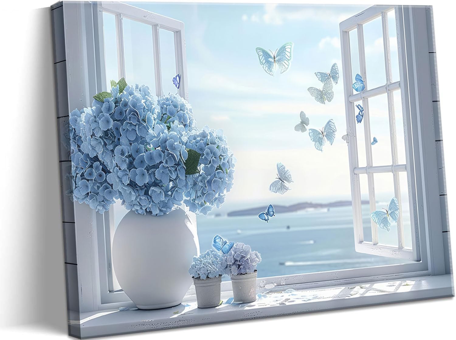 Photo 1 of ***STOCK PHOTO FOR REFERENCE ONLY***Coastal Flower Bathroom Canvas Wall Art Blue Hydrangea Floral Vase Butterfly Window Wall Decor Picture Seascape Beach Aesthetic Poster Print for Living Room Bedroom Bathroom Home Decoration 12x16in