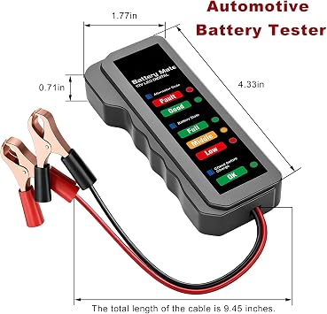 12V Car Battery and Alternator Tester, Digital Batteries Load Tester with LED Indicator & Alligator Clips, Easy to Use Analyzer to Check Alternator & Battery Charging System