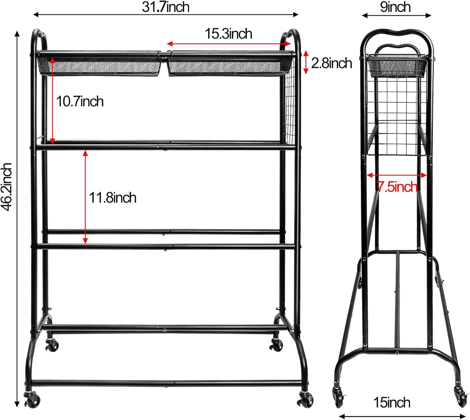 Lawei Basketball Rack with Wheels, Rolling Ball Rack with Removable Baskets, Ball Storage Holder for Football Basketball Soccer and Volleyball, 4 Layer Sports Equipment Storage Organizer for Garage