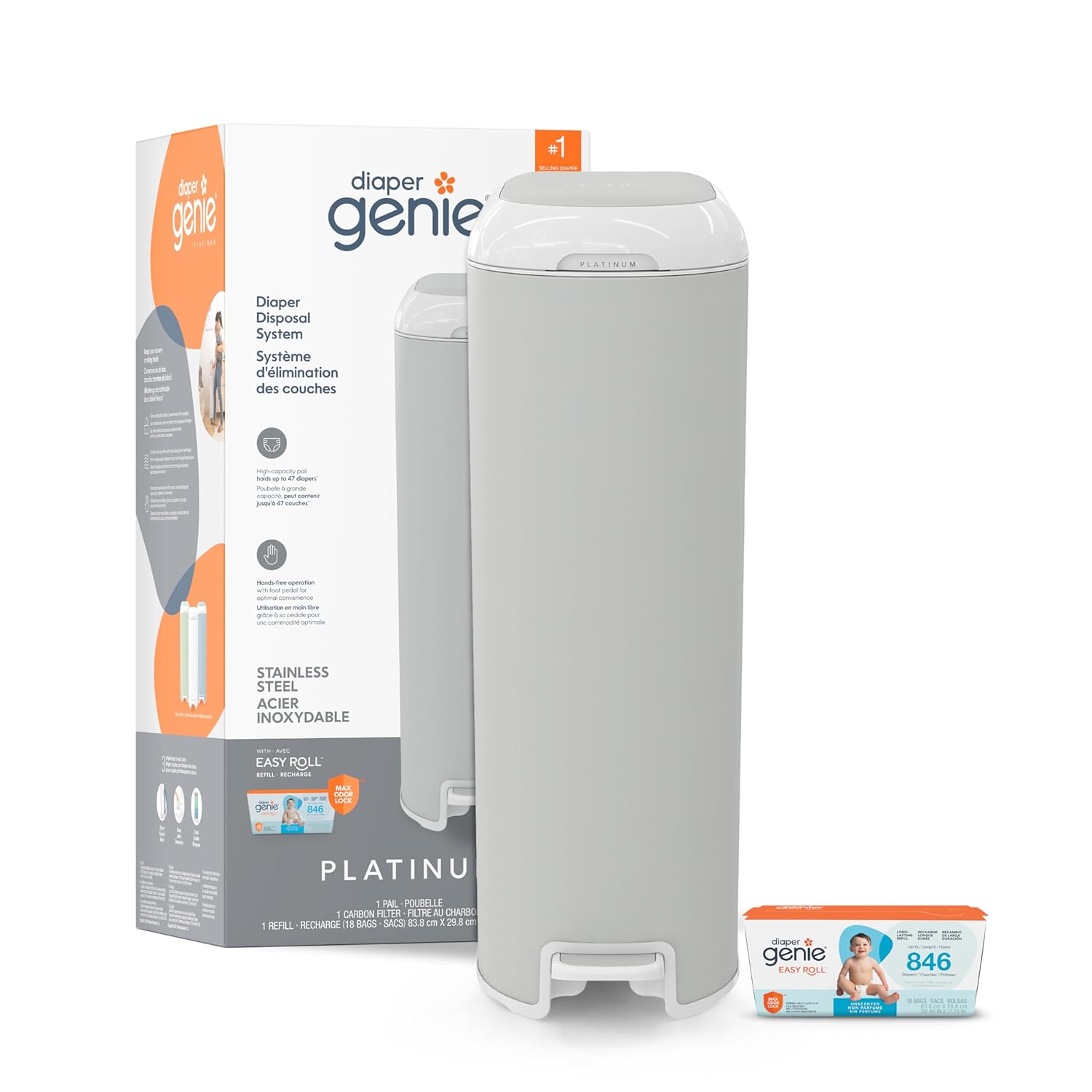 Diaper Genie Platinum Pail (Stone Grey) is Made in Durable Stainless Steel and Includes 1 Easy Roll Refill with 18 Bags That can Last up to 5 Months.
