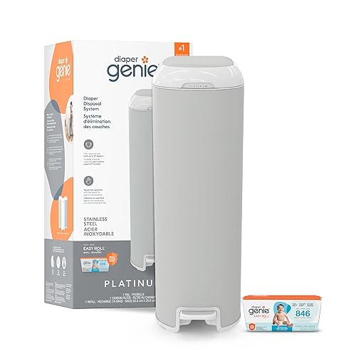 Diaper Genie El cubo de platino (gris piedra) está fabricado en acero inoxidable duradero e incluye 1 rollo de recarga fácil con 18 bolsas que